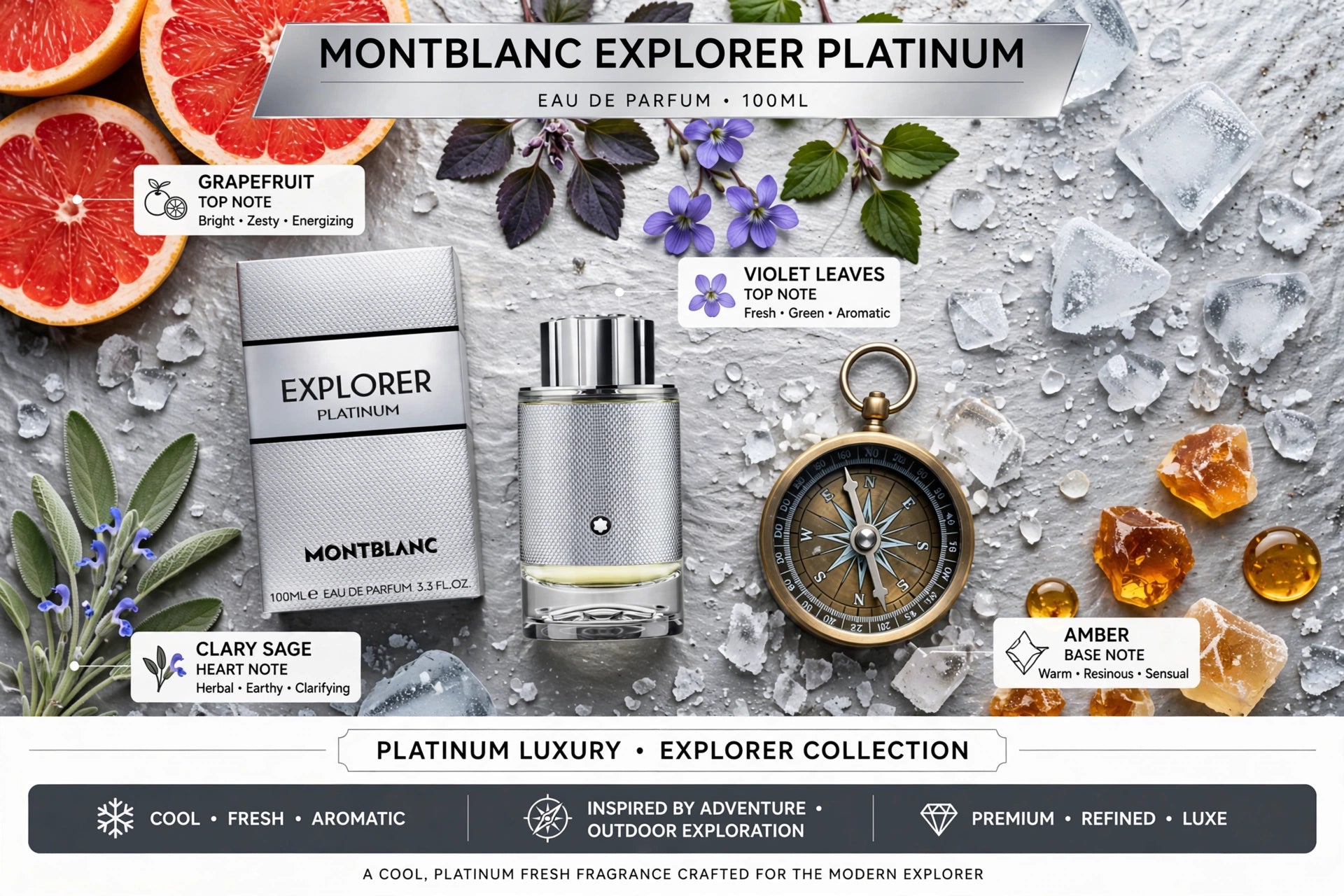 MONTBLANC Explorer Platinum EDP 100ML - Perfume Amaderado Fresco y Lujoso para Hombre